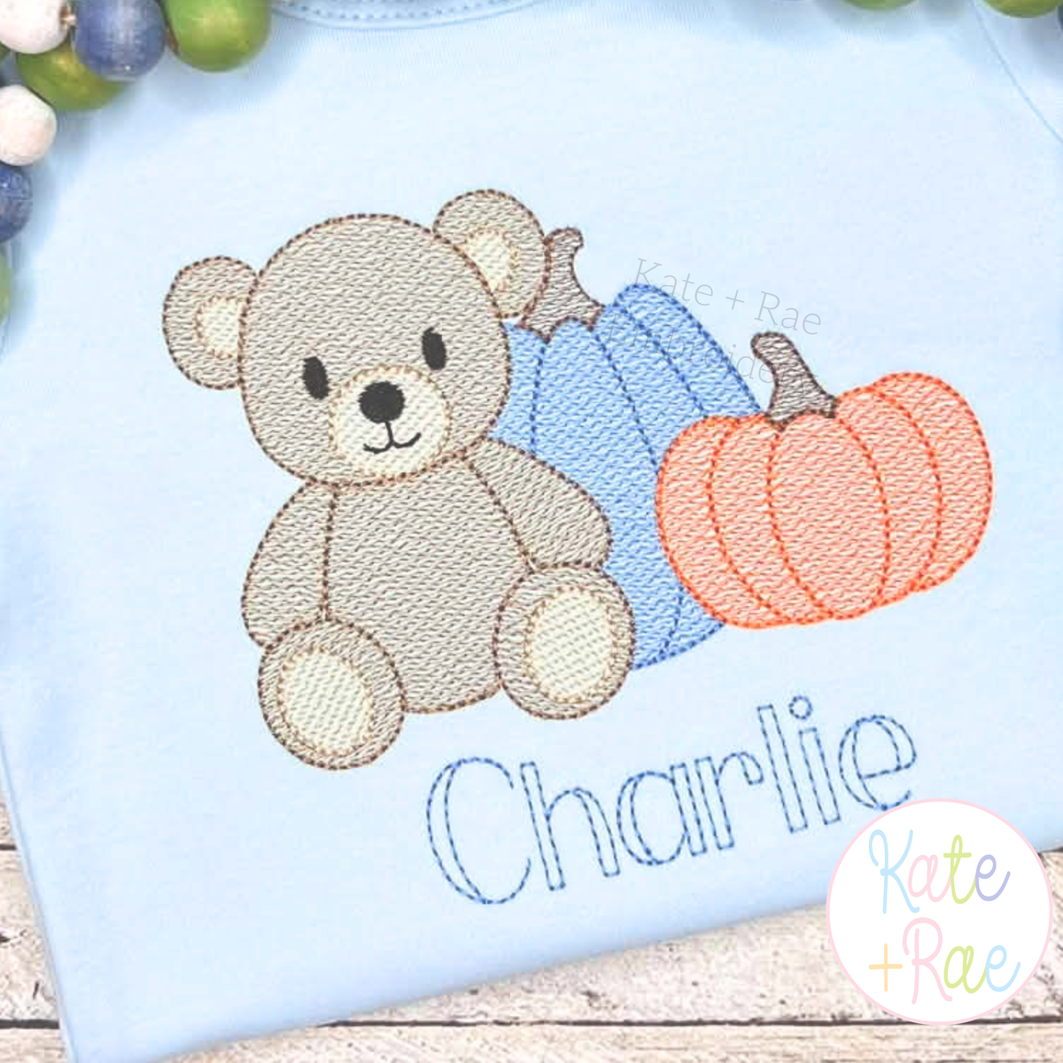Teddy Bear with Fall Pumpkins Sketch Stitch Embroidery Design
