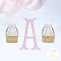 Girl's Simple Easter Basket Mini Fill Embroidery Design: Pink cross stitch monogram letter A between two small Easter baskets with pink bows on white fabric