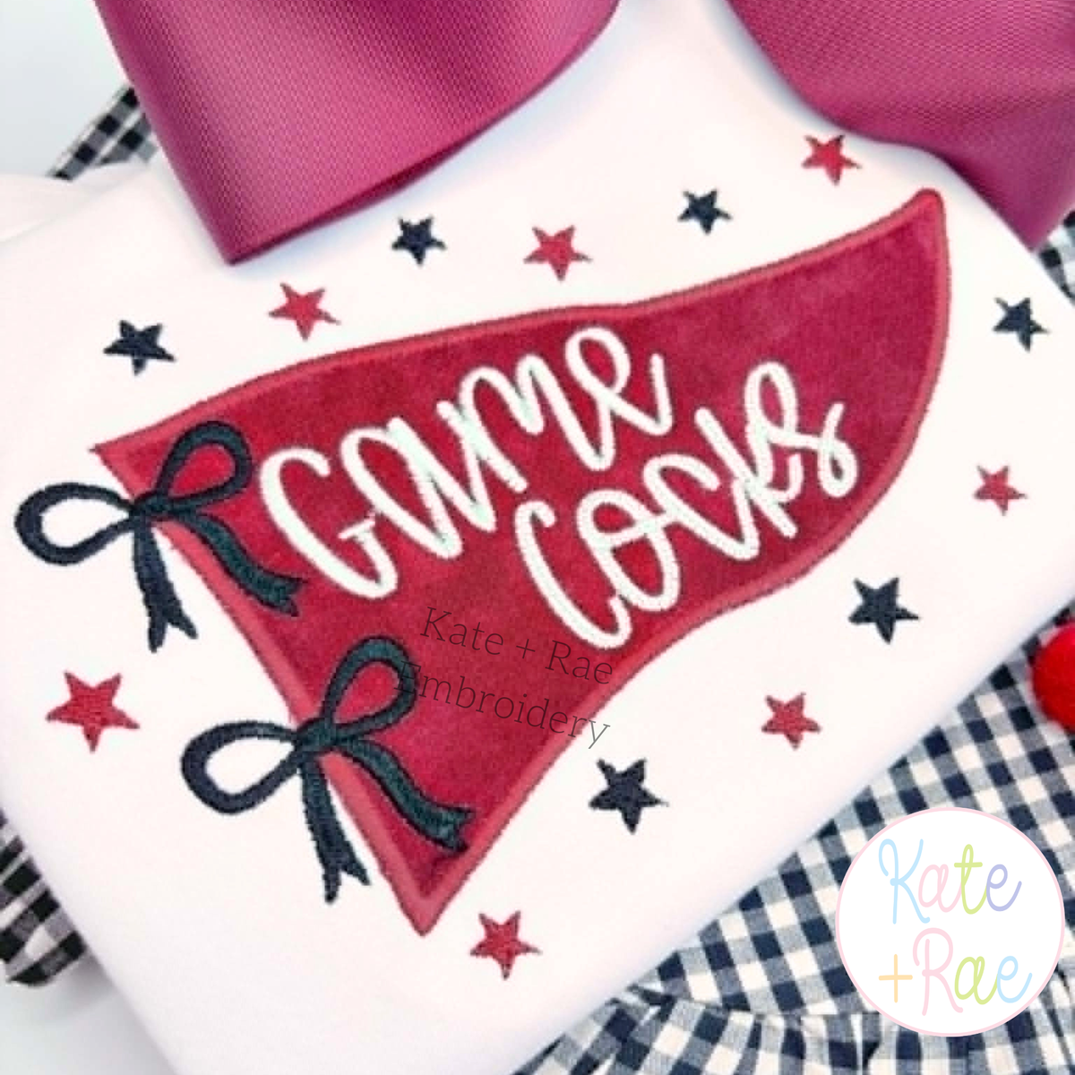 Pennant Flag with Stars and Bows Satin Stitch Applique Embroidery Design&nbsp;