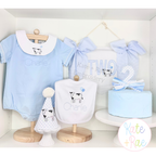 Cow with Birthday Balloons Sketch Stitch Embroidery Design: First birthday setup with cow embroidered romper, bib, party hat, TWO banner, and cake topper