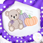 Girl's Teddy Bear with Fall Pumpkins Sketch Stitch Embroidery Design
