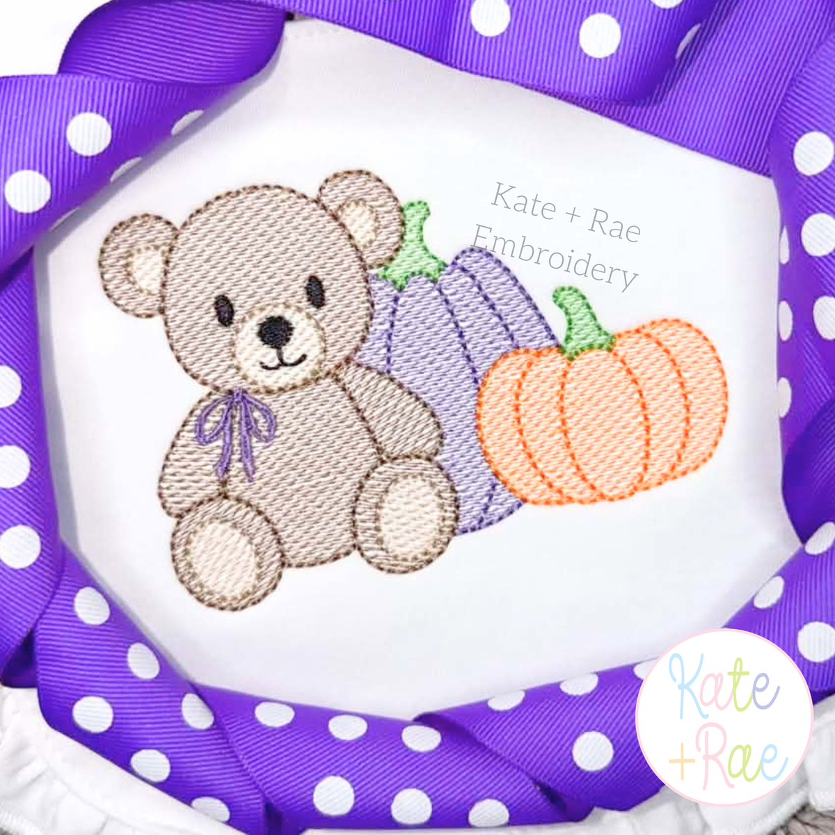 Girl's Teddy Bear with Fall Pumpkins Sketch Stitch Embroidery Design