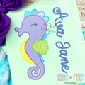 Seahorse Zigzag Stitch Applique Embroidery Design: Purple gingham seahorse applique beside the name Ava Jane in purple script on a mint shirt