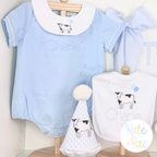Cow with Birthday Balloons Sketch Stitch Embroidery Design: Sketch stitch cow with blue balloons on a romper collar, bib, and party hat personalized for Charlie