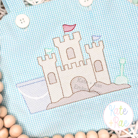 Beach Sand Castle with Bucket and Shovel Sketch Stitch Embroidery Design