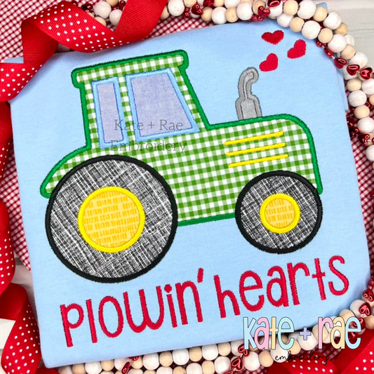 Tractor with Hearts Satin Stitch Applique Embroidery Design