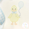Birthday Duck with Balloon Sketch Stitch Embroidery Design: Yellow sketch duck with a blue bow tie holding a blue balloon on white fabric