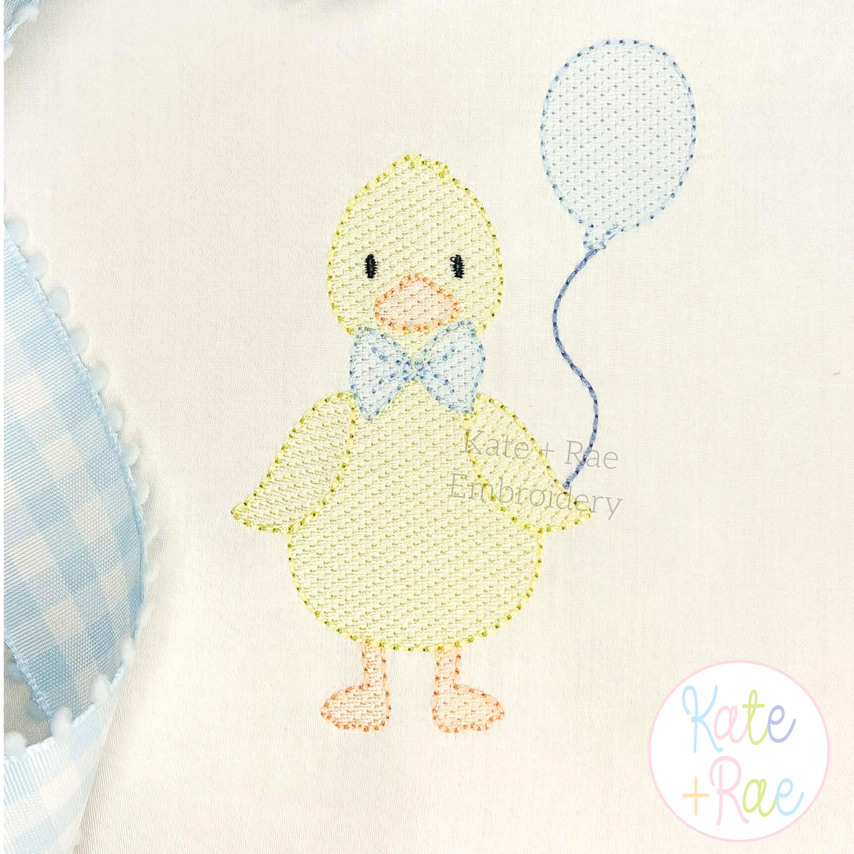 Birthday Duck with Balloon Sketch Stitch Embroidery Design: Yellow sketch duck with a blue bow tie holding a blue balloon on white fabric