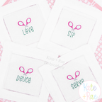 Double Tennis Racket Mini Fill Embroidery Design: Crossed pink tennis rackets above the words Love, Sip, Deuce, and Serve stitched on white cocktail napkins