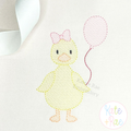 Girl Birthday Duck with Balloon Sketch Stitch Embroidery Design: Yellow sketch duck with a pink bow holding a pink balloon on white fabric