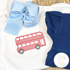 Double Decker Bus Sketch Stitch Embroidery Design: Red sketch double decker bus on a white shirt with a light blue bow