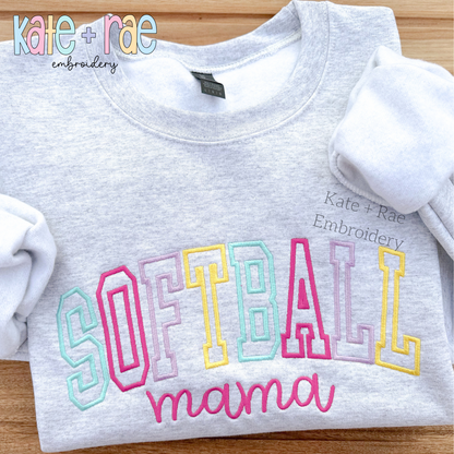 Curved Softball Mama Satin Stitch Outline Embroidery Design