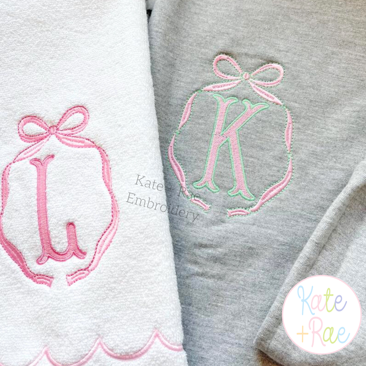 Emma Long Tail Monogram Bow Satin Stitch with Bean Outline Embroidery Design: Pink bow frames around letters L and K on white and gray sweatshirts