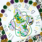 Charlie Bean Stitch Embroidery Font: The words throw me something Mister in multicolored letters around Mardi Gras beads and a mask