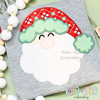 Santa Claus Satin Stitch Applique Embroidery Font: Santa face applique with a red plaid hat and green gingham trim on a gray shirt