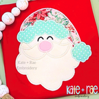 Santa Claus Zigzag Applique Embroidery Design: Santa face applique with a floral hat and aqua polka dot trim on a red shirt