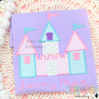 Princess Castle Satin Stitch Applique Embroidery Design: Princess castle applique in pastel gingham and stripes above the name Jacey Mae in pink script on a lavender shirt
