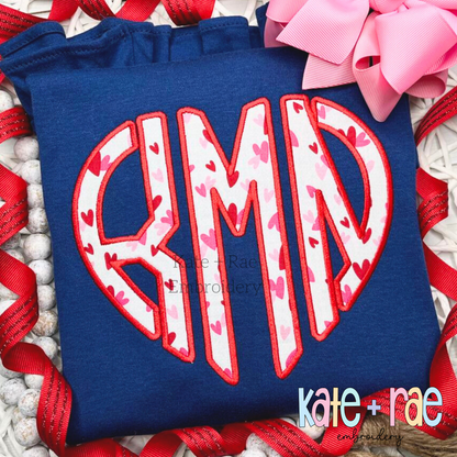 Heart Monogram Satin Stitch Applique Embroidery Design