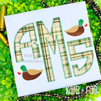 Mallard Duck with Heart Mini Fill Embroidery Design: Green plaid applique monogram RMS with two small mallard ducks on a white shirt