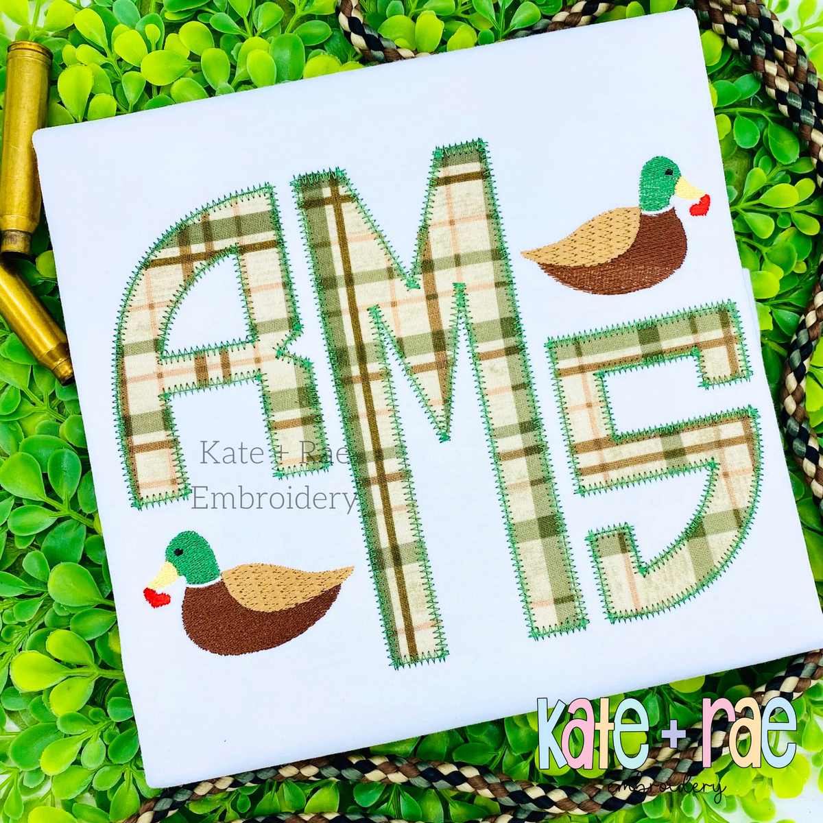 Mallard Duck with Heart Mini Fill Embroidery Design: Green plaid applique monogram RMS with two small mallard ducks on a white shirt