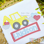 Backhoe Valentine's Sketch Stitch Embroidery with Name Plate: Sketch stitch backhoe with hearts above the name Hudson in a red name plate on a white shirt