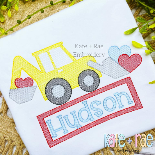 Backhoe Valentine's Day Sketch Embroidery Design with Name Plate