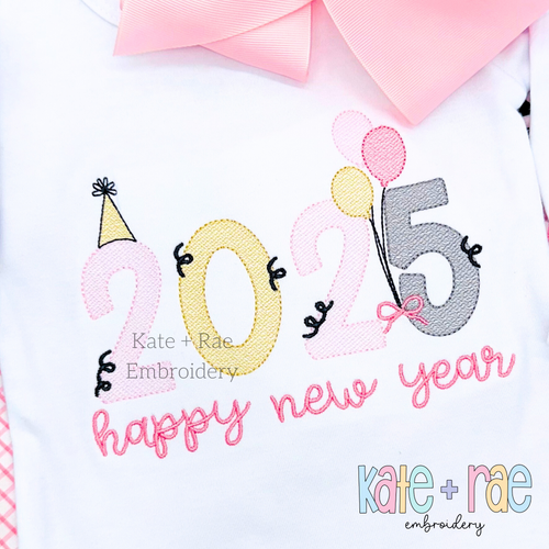 2025 New Year's Sketch Stitch Embroidery Design: 2025 in pink, yellow, and gray sketch stitch numbers with a party hat and balloons above happy new year in pink script