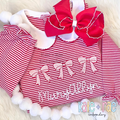 Kinley Bow Trio Sketch Stitch Embroidery Design: Three pink sketch stitch bows above the name MaryAllyn on a red striped gown with a red bow