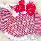 Kinley Bow Trio Sketch Stitch Embroidery Design: Three pink sketch stitch bows above the name MaryAllyn on a red striped gown with a red bow