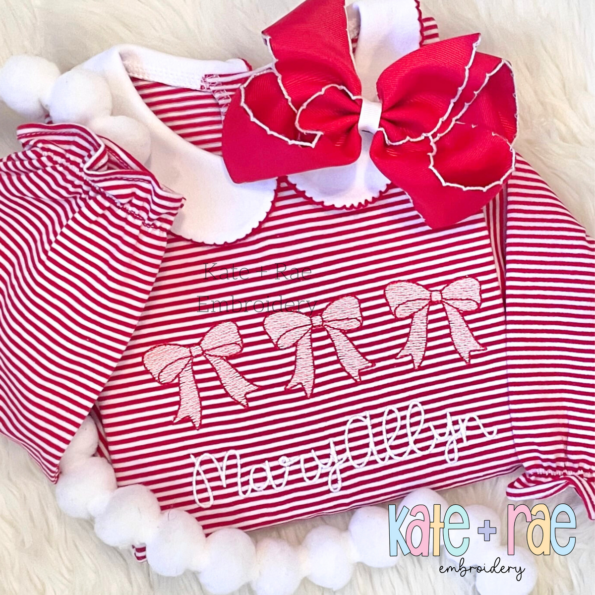 Kinley Bow Trio Sketch Stitch Embroidery Design: Three pink sketch stitch bows above the name MaryAllyn on a red striped gown with a red bow