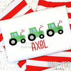 Heart Tractor Trio Fill Stitch Embroidery Design: Three green tractors with red hearts from the exhaust above the name AXEL in red on a white shirt