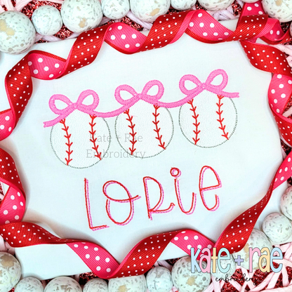 Baseball Trio with Connecting Bows Sketch Stitch Embroidery Design