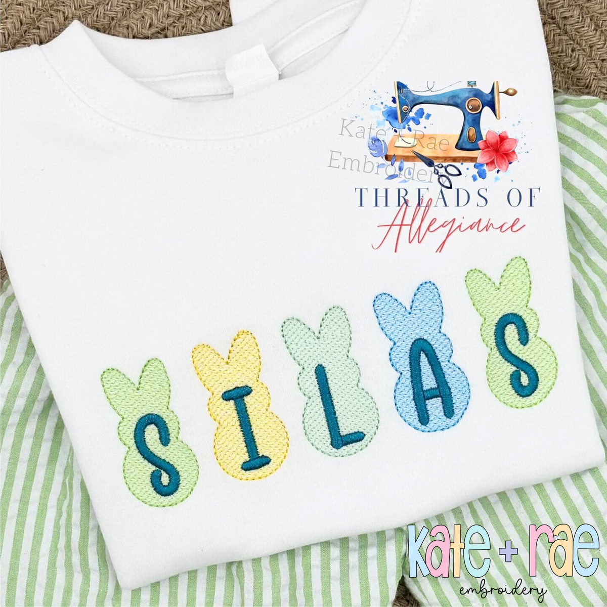 Peeps Sketch Stitch Embroidery Design: Pastel sketch stitch Peeps bunnies spelling SILAS in navy on a white shirt
