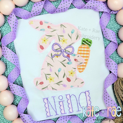 Girl's Easter Bunny with Carrot and Bow Zigzag Stitch Applique Embroidery Design