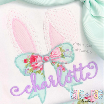 Easter Bunny Ears with Kinley Bow Zigzag Stitch Applique Embroidery Design