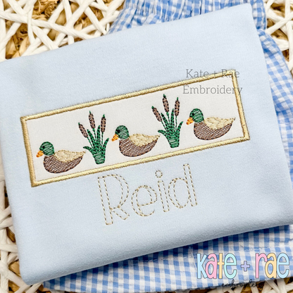 Mallard Ducks and Cattails Sketch Stitch with Satin Applique Patch Embroidery Design