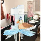 Mallard Duck Bean Stitch Applique Cake Topper Add On Embroidery Design: Close-up of a blue gingham number 1 cake topper with a duck applique wearing a party hat
