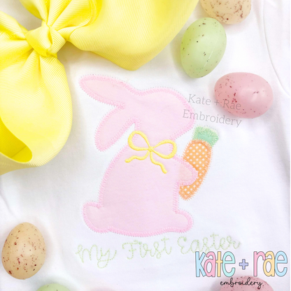 Girl's Easter Bunny with Carrot and Bow Zigzag Stitch Applique Embroidery Design