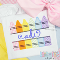 Split Crayon Zigzag Stitch Applique Embroidery Design: Pastel patterned split crayon appliques framing the name cadi in purple script on a white shirt