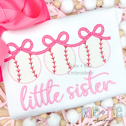Baseball Trio with Connecting Bows Sketch Stitch Embroidery Design