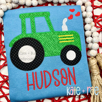 Tractor with Hearts Zigzag Stitch Applique Embroidery Design