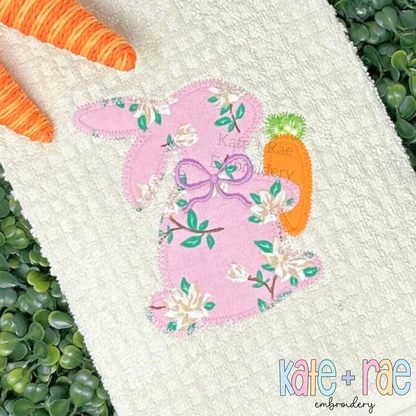 Girl's Easter Bunny with Carrot and Bow Zigzag Stitch Applique Embroidery Design