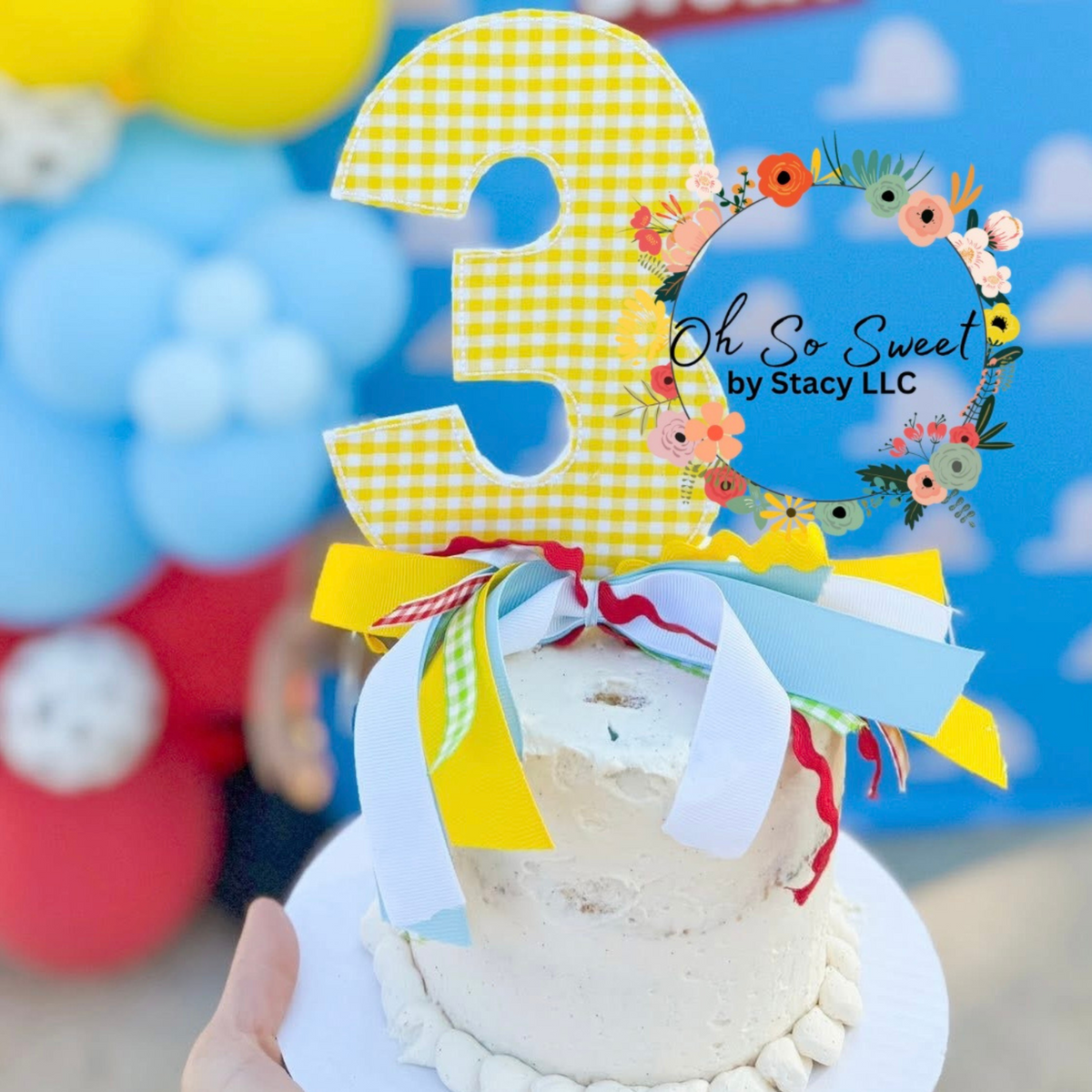 Birthday Numbers Bean Stitch Applique Embroidery Design: Yellow gingham number 3 applique cake topper with ribbons on a smash cake