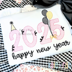 2025 New Year's Sketch Stitch Embroidery Design: 2025 in pink sketch stitch numbers with black balloons above happy new year in black script on a white shirt