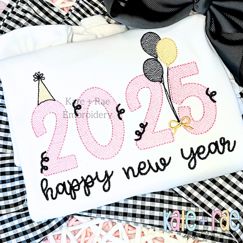 2025 New Year's Sketch Stitch Embroidery Design: 2025 in pink sketch stitch numbers with black balloons above happy new year in black script on a white shirt