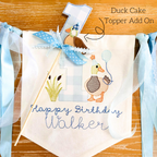 Mallard Duck Bean Stitch Applique Cake Topper Add On Embroidery Design: Duck cake topper add on with a blue gingham number 1 beside a Happy Birthday Walker banner