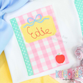 Girl's Back to School Notebook Zigzag Applique Embroidery Design: Pink gingham notebook applique with a blue bow and the name Edie on a yellow label
