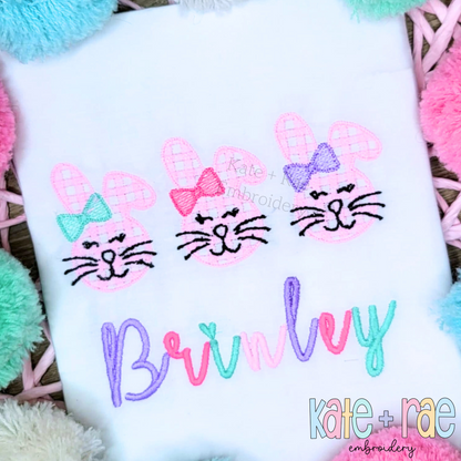 Girl's Plaid Fuzzy Easter Bunny Trio Sketch Stitch Embroidery Design