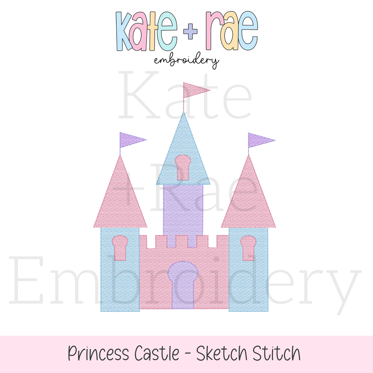 Princess Castle Sketch Stitch Embroidery Design: Design preview of a pastel sketch stitch princess castle with pink, blue, and lavender towers