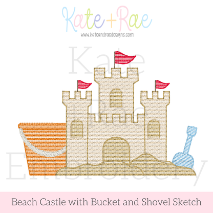 Beach Sand Castle with Bucket and Shovel Sketch Stitch Embroidery Design